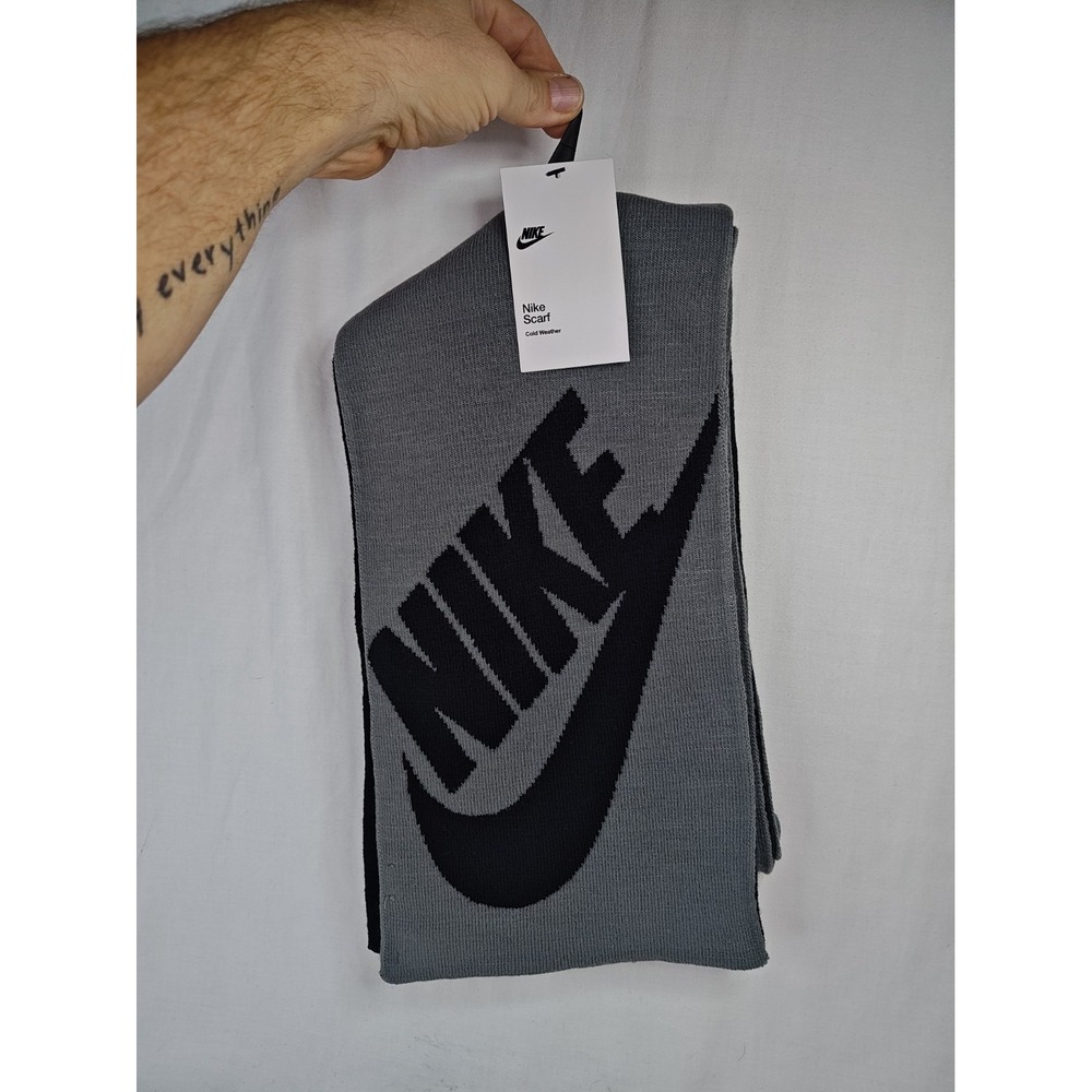 NWT Nike Cold Weather Scarf Grey Black Big Swoosh Logo Knit Unisex OSFM Acrylic